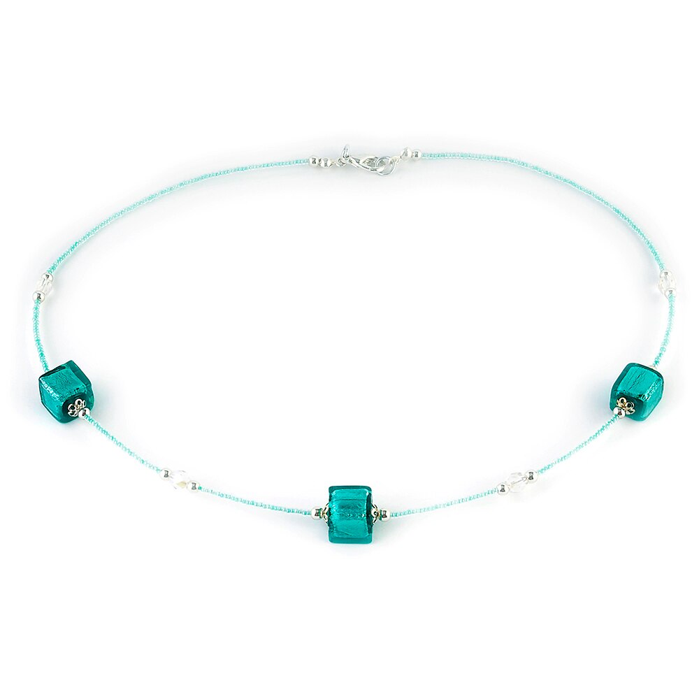 Colier CUBICO 3 verde Tiffany cu argintiu din sticla de Murano, 45 cm, Bijuterii Original Murano