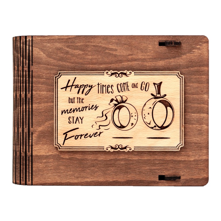 Cutie medie din lemn pentru stick USB VintageBox personalizata prin gravare model "Verighete vesele" culoare nuc inchis