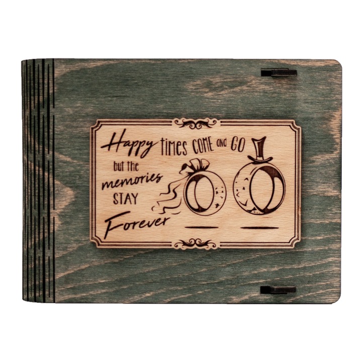 Cutie medie din lemn pentru stick USB VintageBox personalizata prin gravare model "Verighete vesele" culoare verde