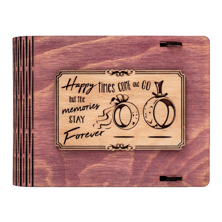 Cutie medie din lemn pentru stick USB VintageBox personalizata prin gravare model "Verighete vesele" culoare roz