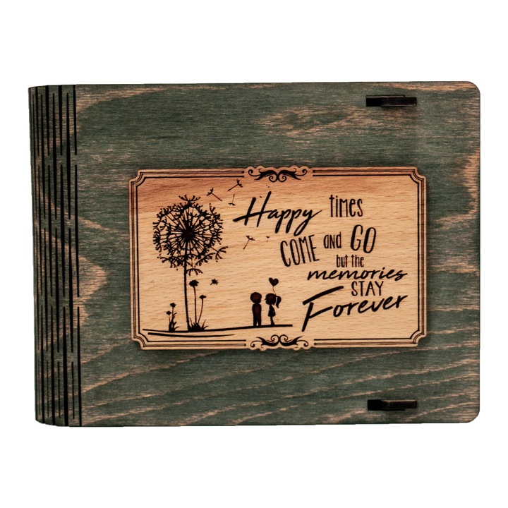 Cutie medie din lemn pentru stick USB VintageBox personalizata prin gravare model "Papadie" culoare verde