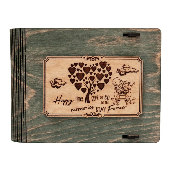 Cutie medie din lemn pentru stick USB VintageBox personalizata prin gravare model "Proaspat Casatoriti" culoare verde