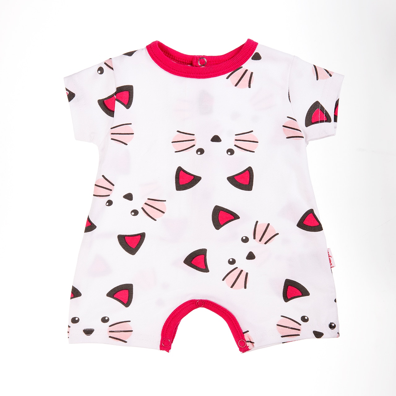 Salopeta Babybol fetita, maneca scurta,imprimeu pisicute, fucsia, 1 luna, 56 cm