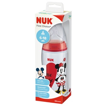 Biberon NUK Disney Mickey Mouse cu tetina din silicon, orificiu M, 6-18 luni, 300 ml, Rosu Biberon NUK Disney Mickey Mouse cu tetina din silicon, orificiu M, 6-18 luni, 300 ml, Rosu