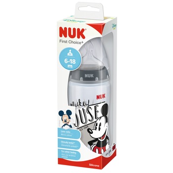 Biberon NUK Disney Mickey Mouse cu tetina din silicon, orificiu M, 6-18 luni, 300 ml, Gri Biberon NUK Disney Mickey Mouse cu tetina din silicon, orificiu M, 6-18 luni, 300 ml, Gri