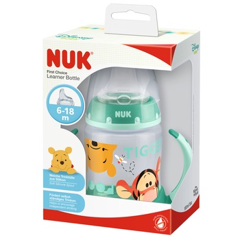 Biberon NUK Disney Winnie cu toarte si tetina de invatare din silicon, 6 luni+, Verde Biberon NUK Disney Winnie cu toarte si tetina de invatare din silicon, 6 luni+, Verde