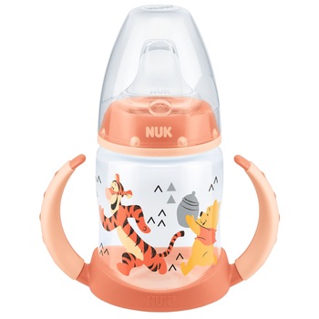 Biberon NUK Disney Winnie cu toarte si tetina de invatare din silicon, 6 luni+, Portocaliu Biberon NUK Disney Winnie cu toarte si tetina de invatare din silicon, 6 luni+, Portocaliu