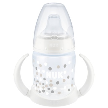 Biberon NUK cu toarte si tetina de invatare, 6 luni+, 150 ml, Alb Biberon NUK cu toarte si tetina de invatare, 6 luni+, 150 ml, Alb