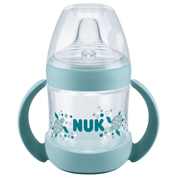 Biberon cu toarte NUK cu tetina de invatare din silicon, 150 ml, Verde Biberon cu toarte NUK cu tetina de invatare din silicon, 150 ml, Verde
