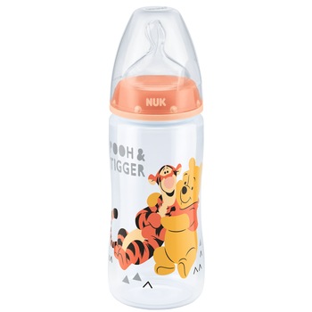 Biberon NUK Disney Winnie cu tetina din silicon, orificiu M, 0-6 luni, 300 ml, Portocaliu Biberon NUK Disney Winnie cu tetina din silicon, orificiu M, 0-6 luni, 300 ml, Portocaliu