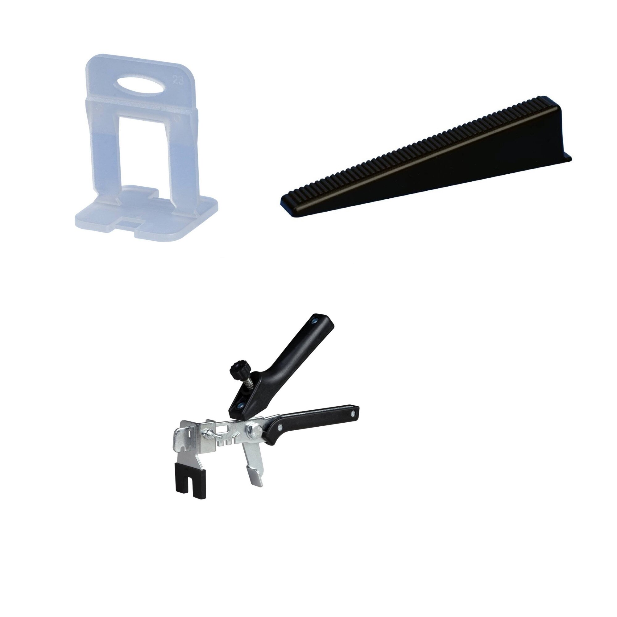 Pachet nivelare gresie CONFORT 20, 2000 clipsuri cu rost 1.5 mm, 600 pene, 1 cleste metalic