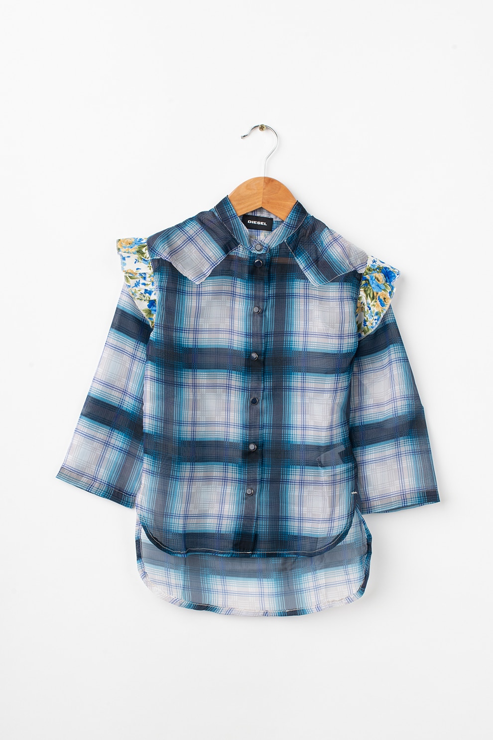 Diesel, Camasa in carouri cu terminatie asimetrica, Albastru/Alb, 132 CM