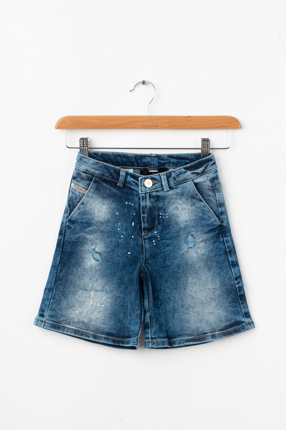 Diesel, Pantaloni scurti din denim cu aspect decolorat, Albastru inchis/Alb prafuit