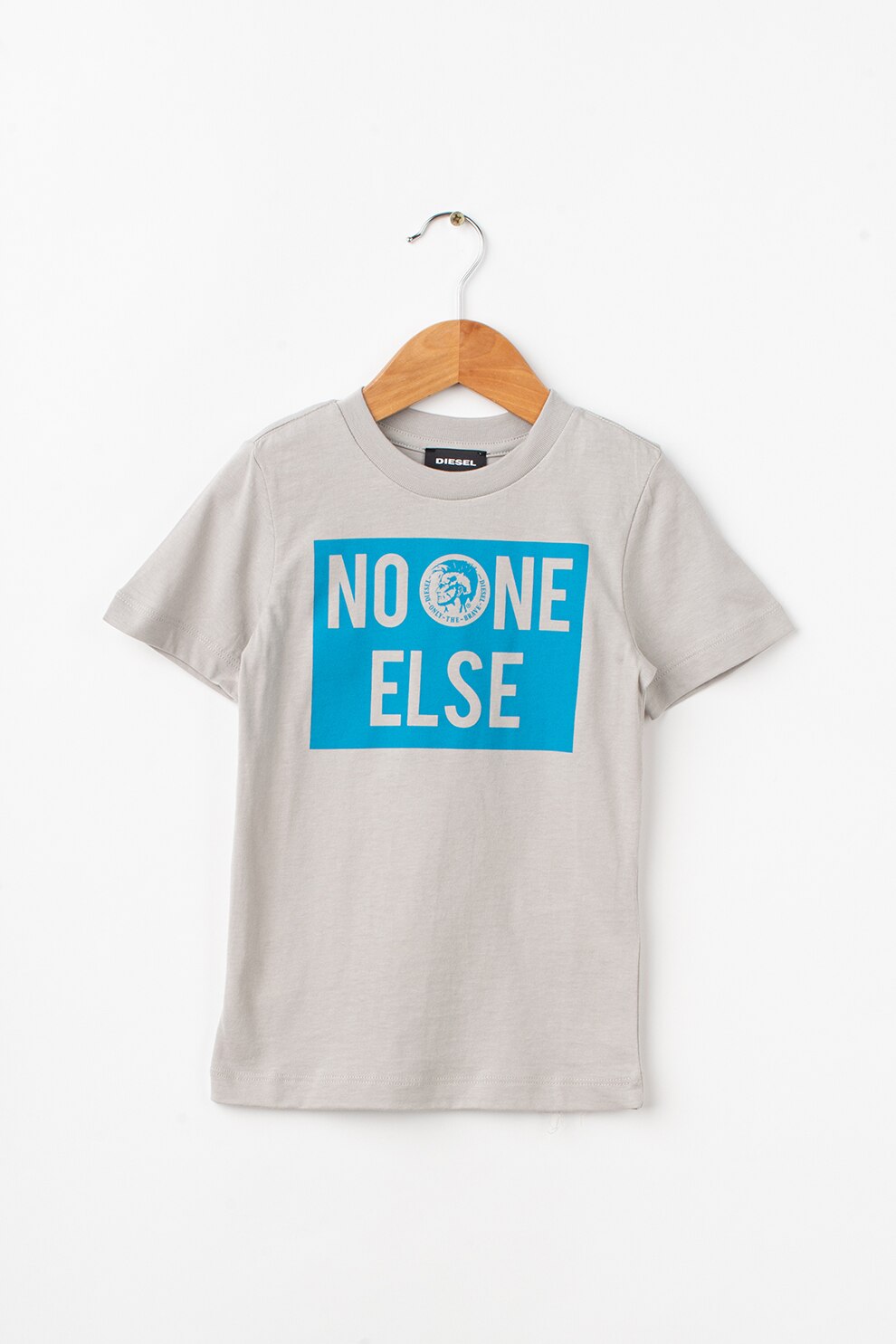 Diesel, Tricou slim fit cu imprimeu text Ticco, Gri deschis/Albastru