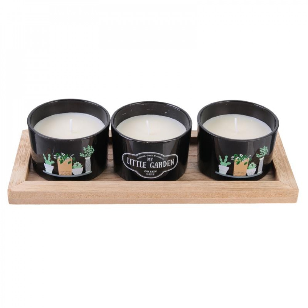 Set 3 lumanari decorative, culoare negru, pe suport tavita lemn, aroma orhidee albe