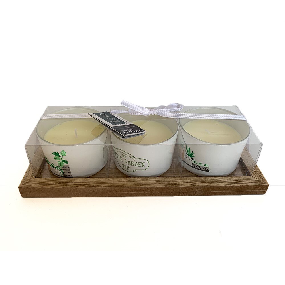 Set 3 lumanari decorative, culoare alb, pe suport tavita lemn, aroma gradina de iarna