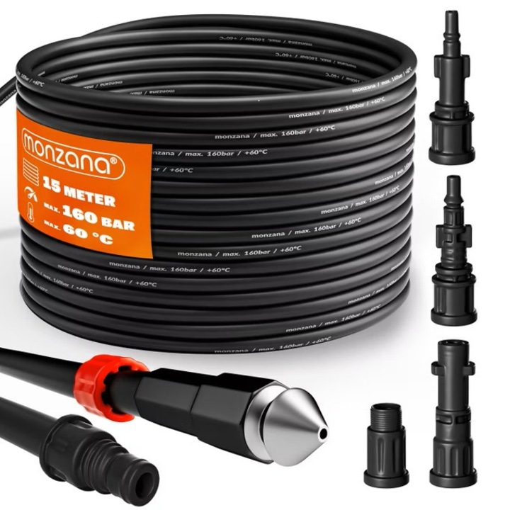 Set furtun de curatare a tevilor, 15 m, universal, cu 4 adaptoare, Deuba