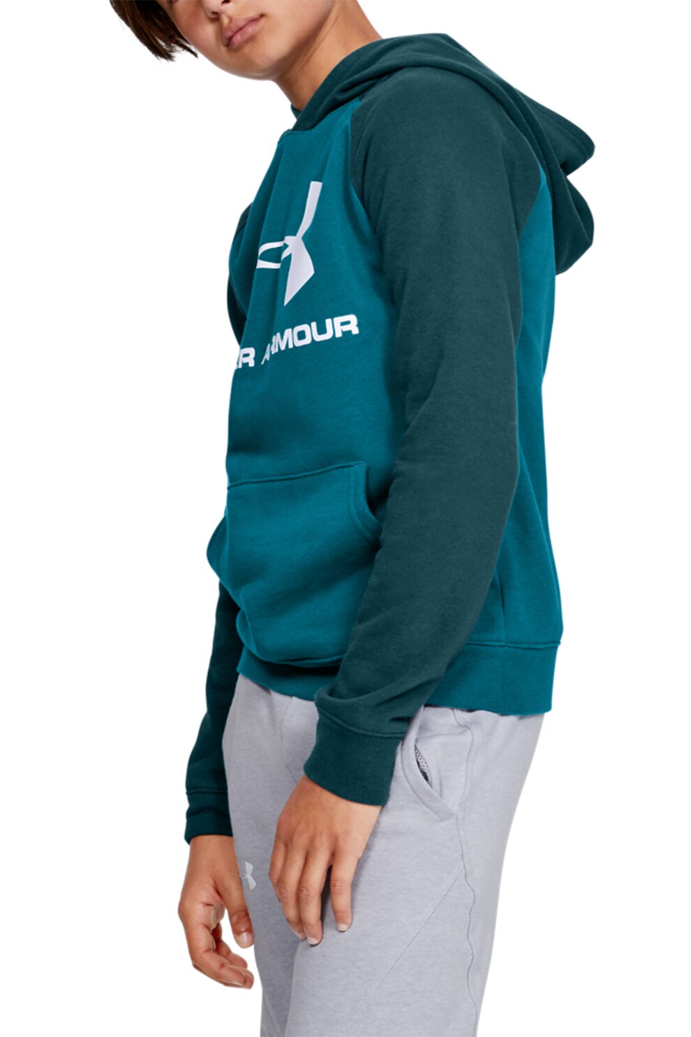 Under Armour, Hanorac cu buzunar kangaroo si maneci raglan Rival, Albastru petrol/Alb