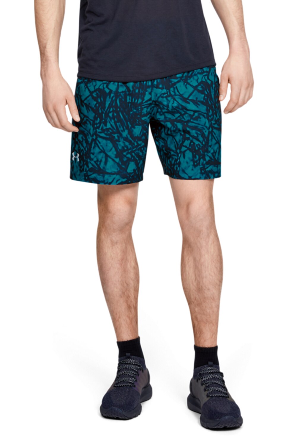 Under Armour, Pantaloni scurti cu imprimeu grafic, pentru alergare Launch, Albastru petrol, S