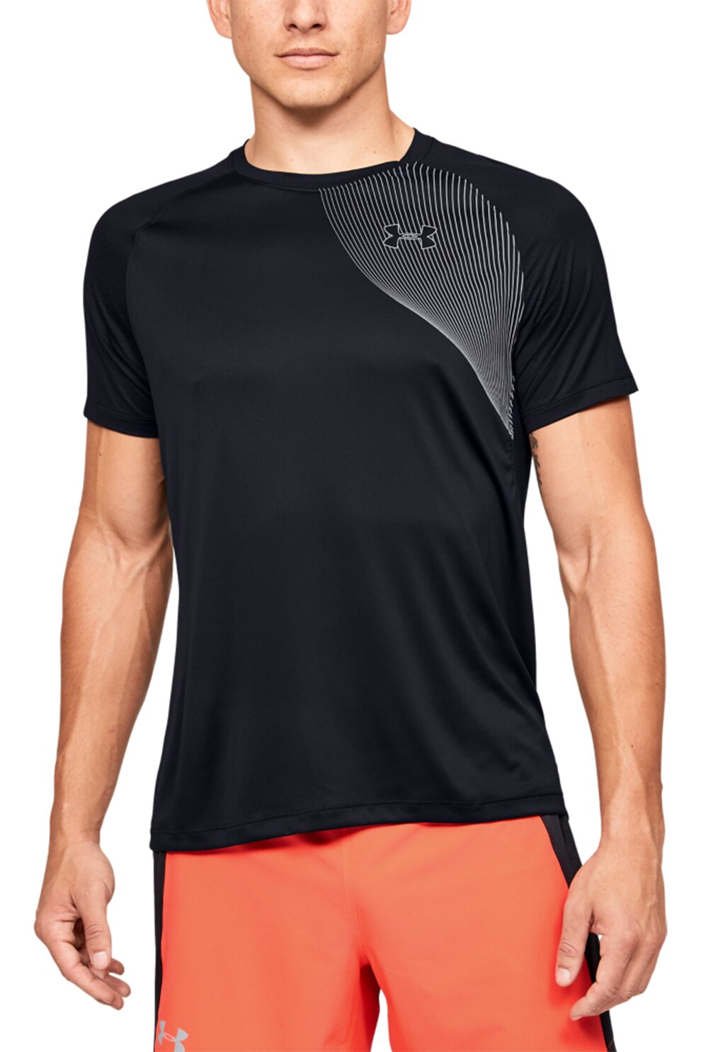 Under Armour, Tricou elastic cu detalii reflectorizante, pentru fitness Qualifier, Negru