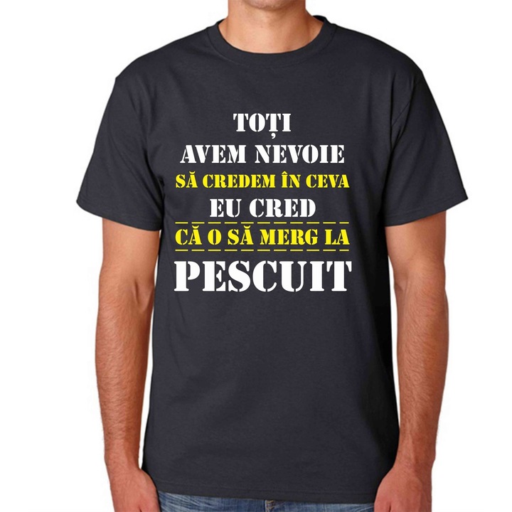 Tricou personalizat barbat, negru, cred ca merg la pescuit, marime 2XL