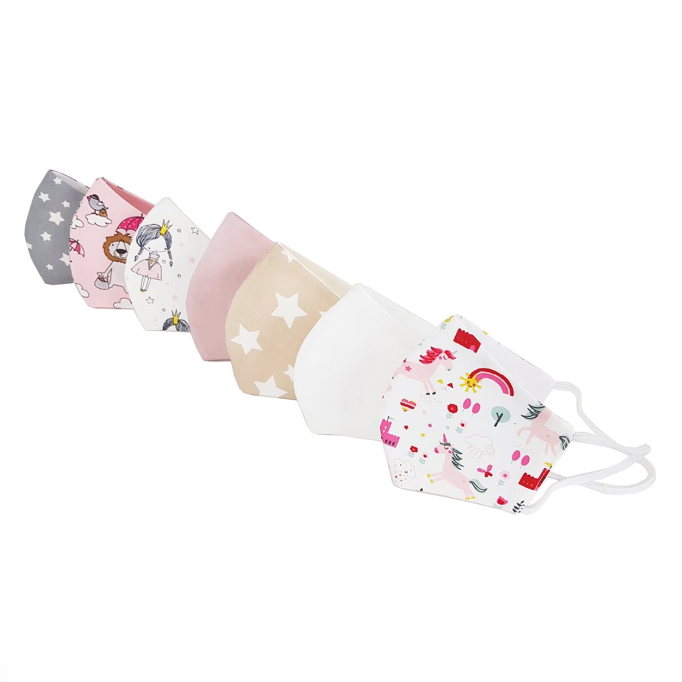 Set 7 Masti protectie faciala asortate COPII, model PINKS, reutilizabile, bumbac, 3 straturi, anatomice, cu elastic