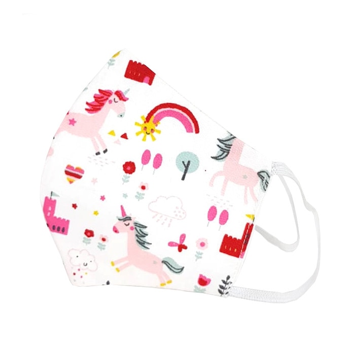 Set 2 Masti protectie faciala COPII, model PINK UNICORN, reutilizabile, bumbac, 3 straturi, anatomice, cu elastic reglabil