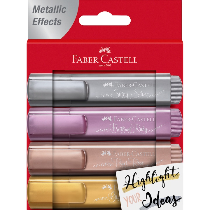 Текстмаркер Faber-Castell, 4 броя/комплект, Металически цветове