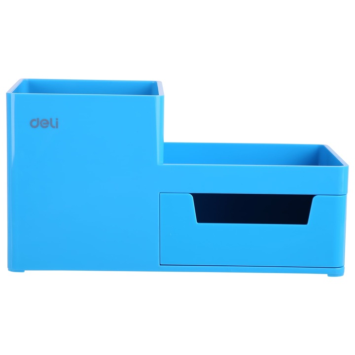 Suport birou Deli material plastic, 3 compartimente si sertar, bleu