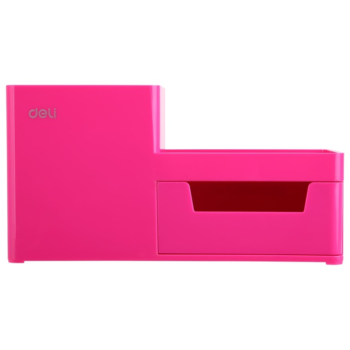 Suport birou Deli material plastic, 3 compartimente si sertar, roz