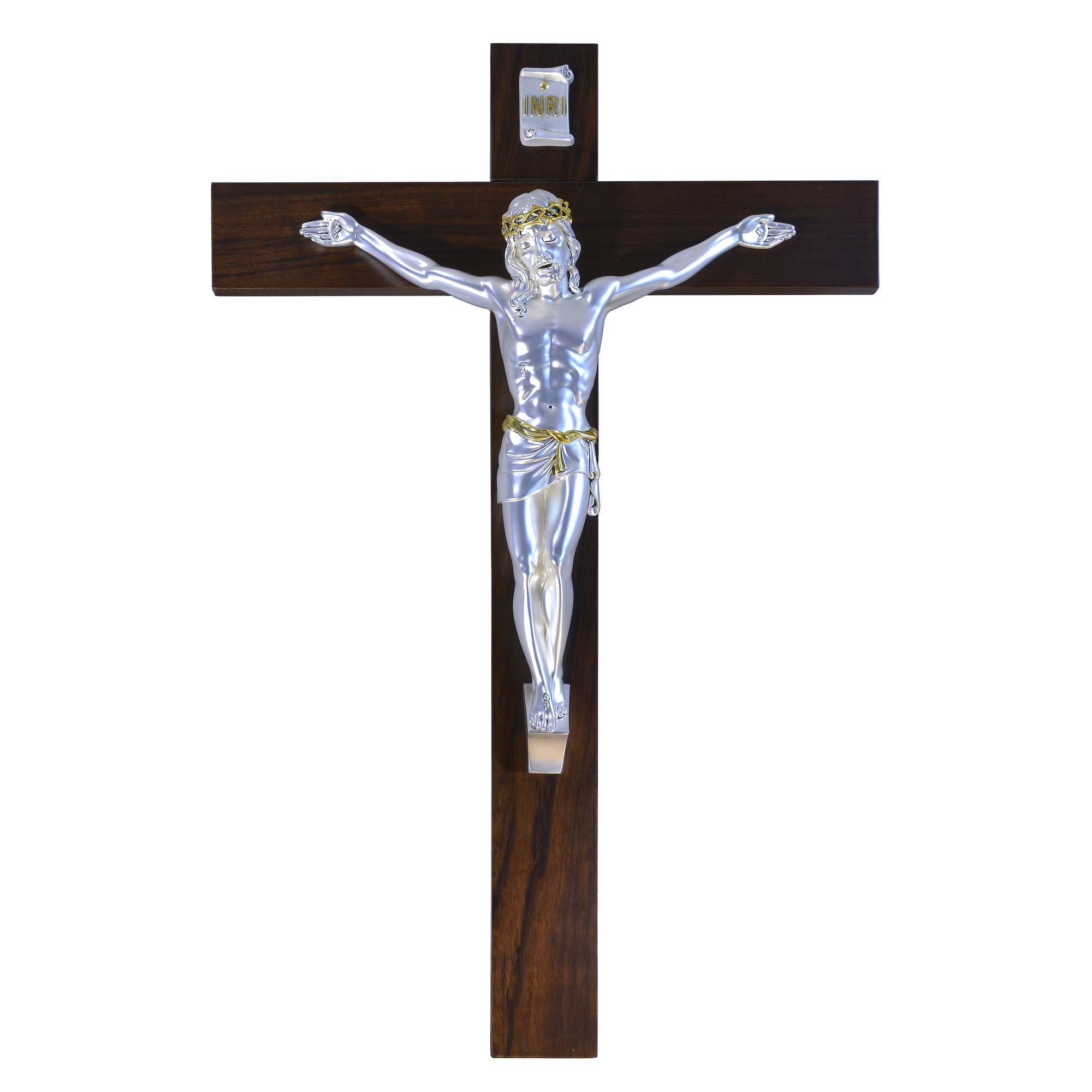 Cruce sculptata manual in lemn natural masiv cu corpul placat cu argint si pictat manual - Iisus rastignit pe cruce - 70x48 cm, 3/3