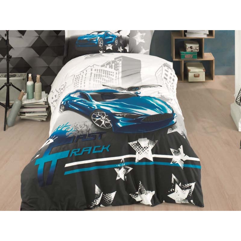 Set 3 Piese Lenjerie de Pat Copii, 1 Persoana, 100% Bumbac Poplin - Extra Confort Fast Truck, Blue