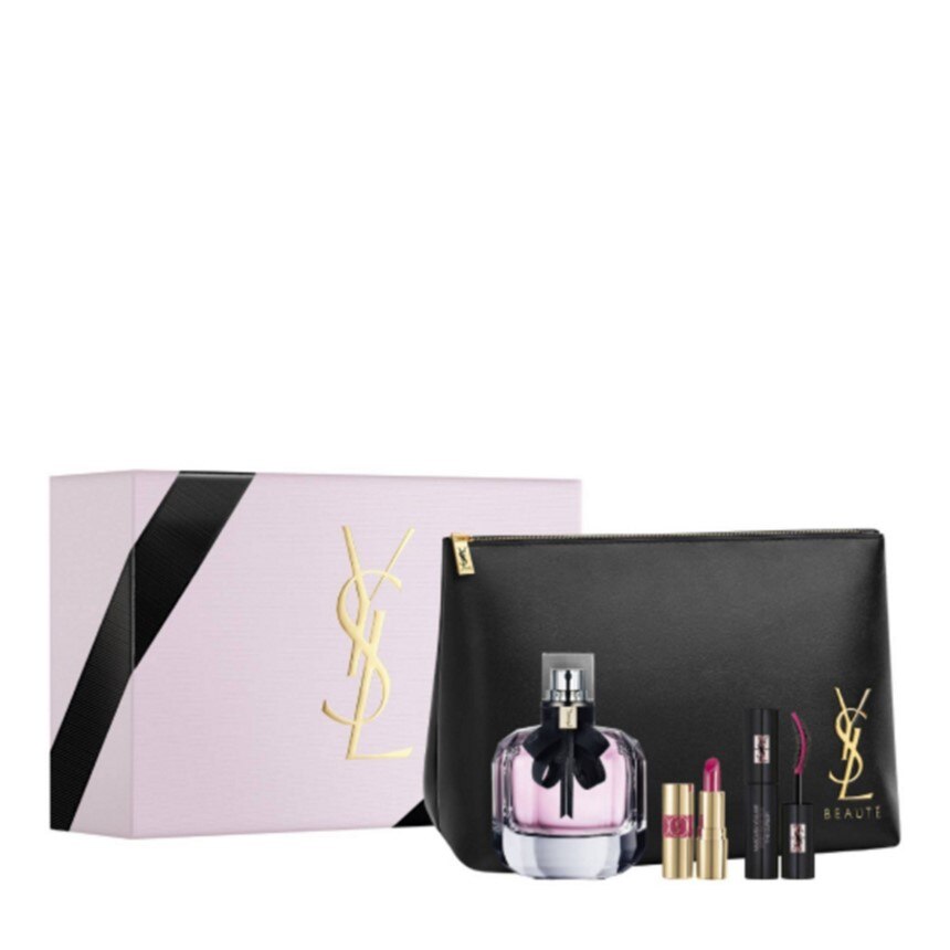 Set Yves Saint Laurent Mon Paris, Apa de parfum 90 ml, Mini Ruj 1.5 g, Mini Mascara 2 ml, Borseta