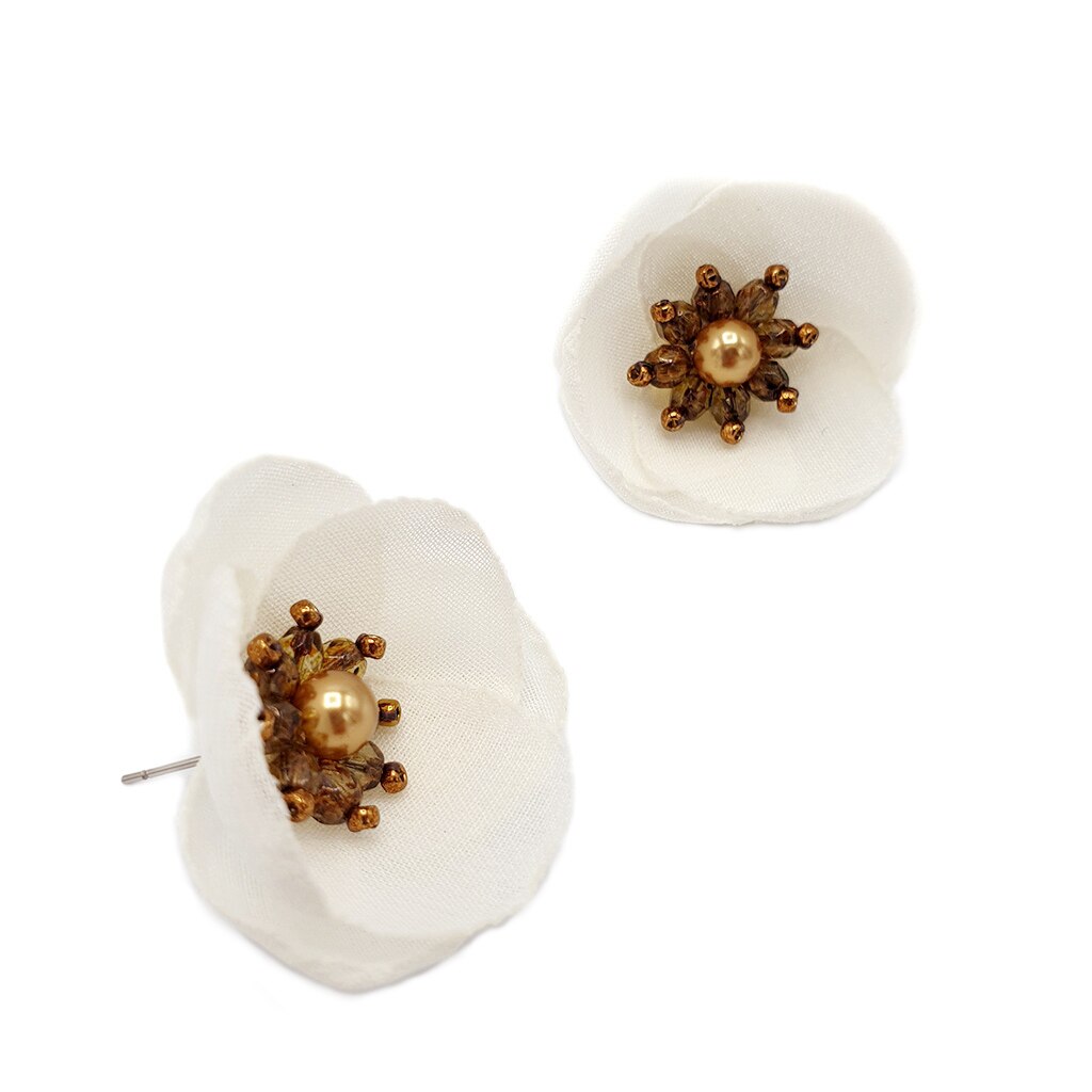 Cercei albi floare textila, handmade, Divine, Zia Fashion