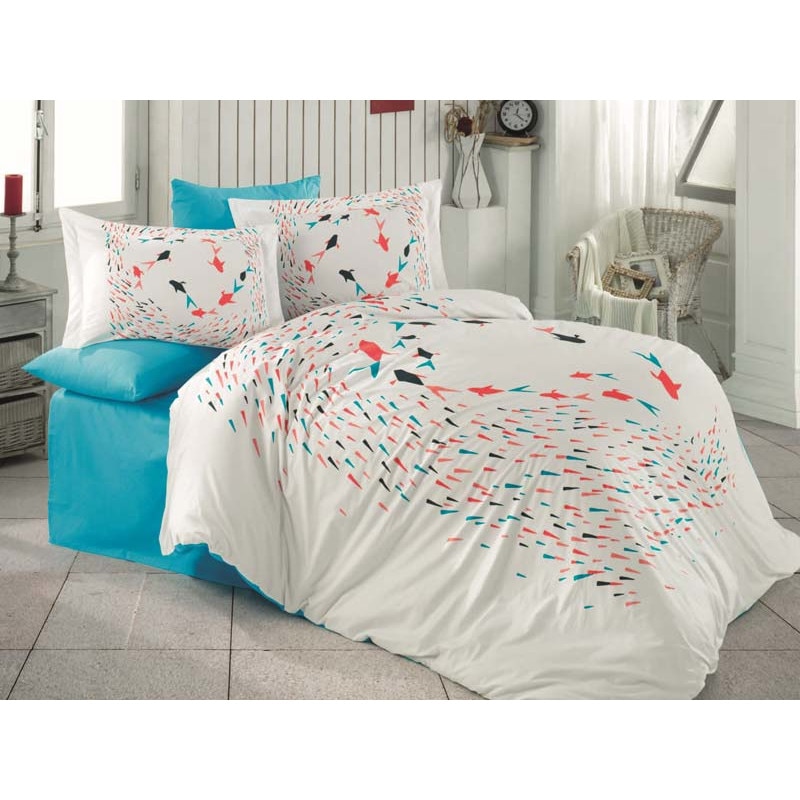 Set Lenjerie de pat, 2 Persoane, Bumbac 100% Poplin - Extra Confort Delfina, Turkoaz