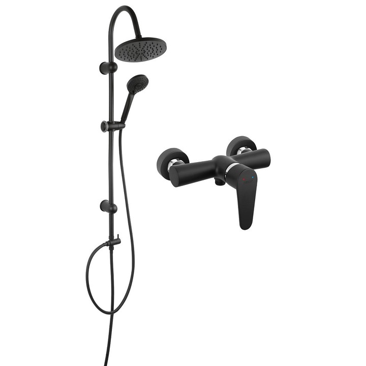 Pachet 2in1 Coloana de dus Ferro Rondo, cu baterie dus Negru Mat Algeo, set bara dus Negru Mat, dus fix, para dus mobila