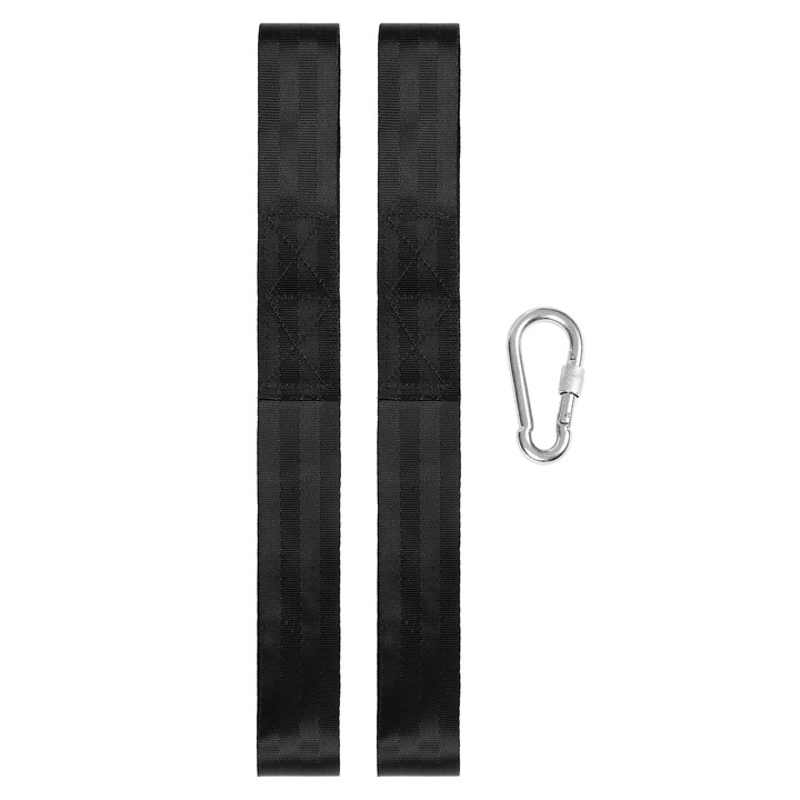 Pántok készlet edzőkötelek rögzítéséhez, 2 x Nylon heveder, 1 x Rozsdamentes rögzítő tartozék, Fekete