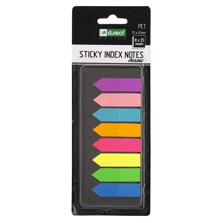 Set rigla transparenta 12 cm si Stick index adeziv 12 x 45 mm, 25 coli x 8 culori neon