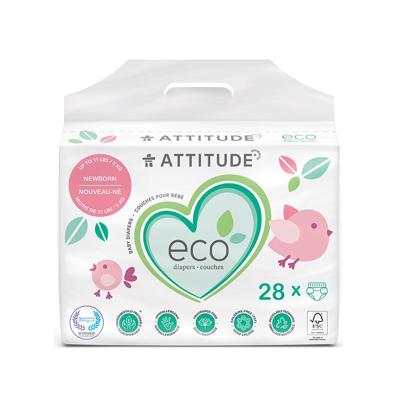 Scutece ecologice de unica folosinta pentru nou-nascuti (sub 5 kg), 28 bucati, Attitude