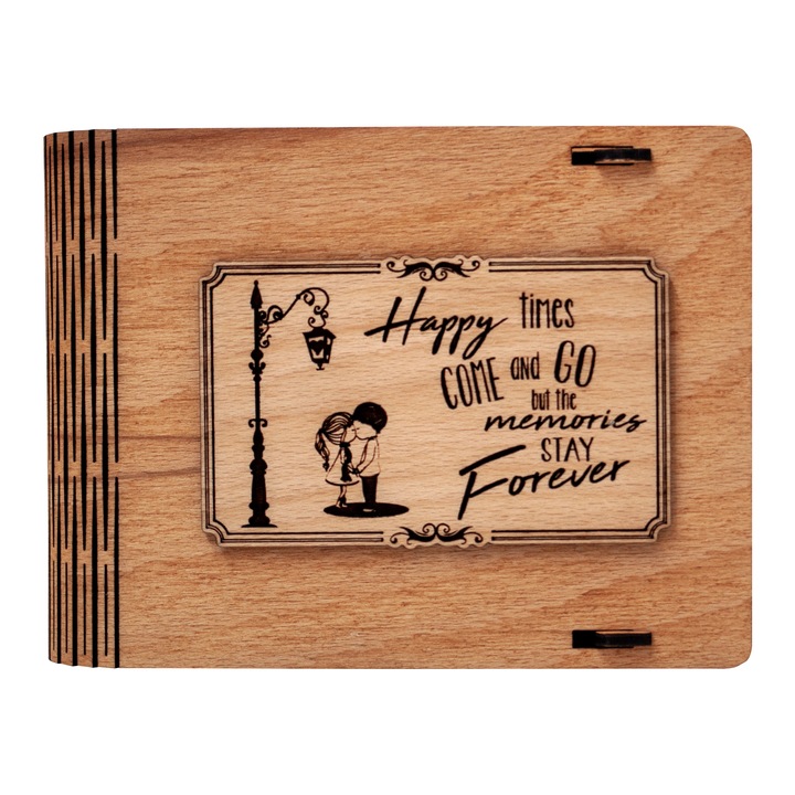 Cutie medie din lemn pentru stick USB VintageBox personalizata prin gravare model "Copii sub felinar" culoare stejar auriu