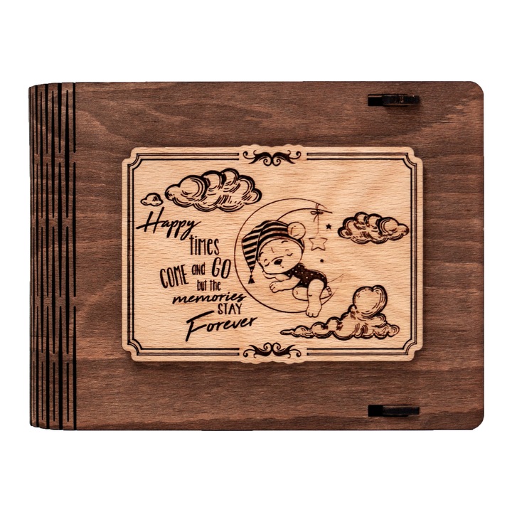 Cutie medie din lemn pentru stick USB VintageBox personalizata prin gravare model "Ursuletul somnoros" culoare nuc inchis