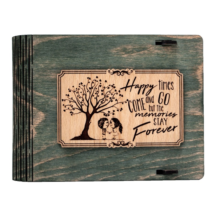 Cutie medie din lemn pentru stick USB VintageBox personalizata prin gravare model "Mereu Indragostiti" culoare verde