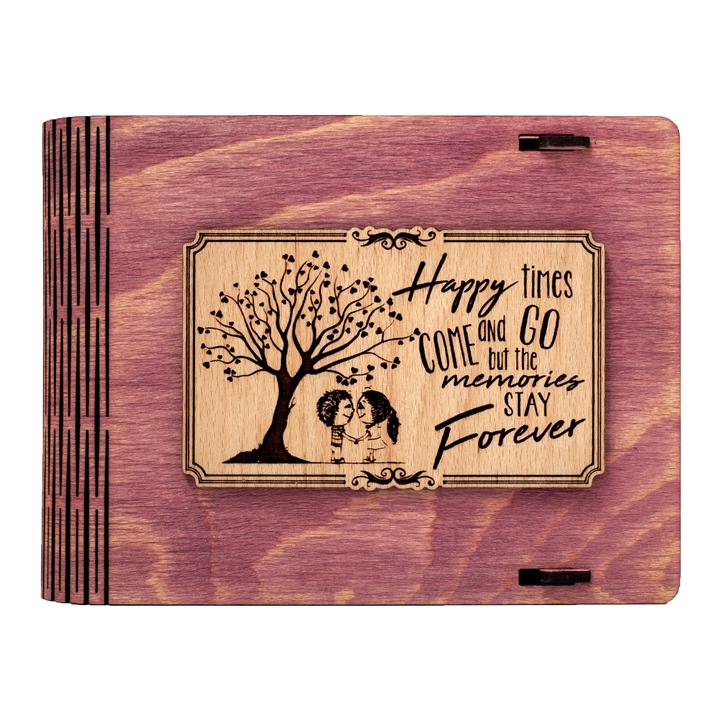Cutie medie din lemn pentru stick USB VintageBox personalizata prin gravare model "Mereu Indragostiti" culoare Roz