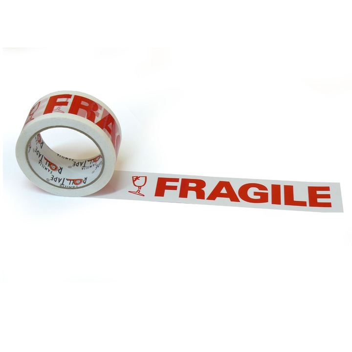 Banda adeziva Fragile, Familia Roll Tape, alb/rosu, 48 mm x 50 m