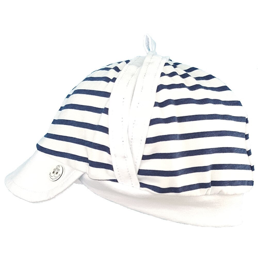 Sapca de vara Mic Pitic din tricot decupata cu nasture cu ancora, alb/bleumarin, Bleumarin/Alb