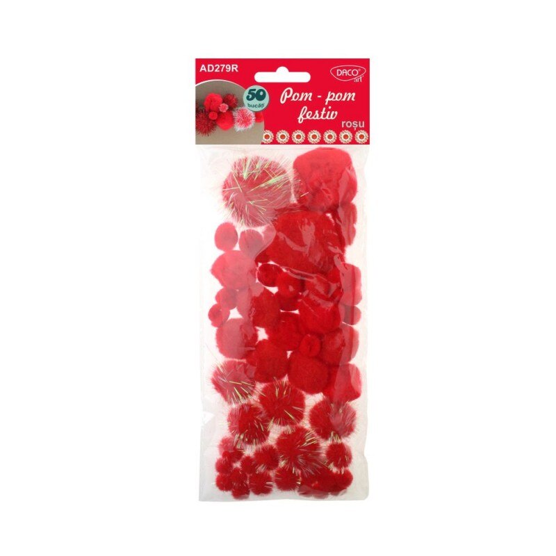 Set accesorii craft Daco AD279R Pom pom festiv, 50/set, Rosu