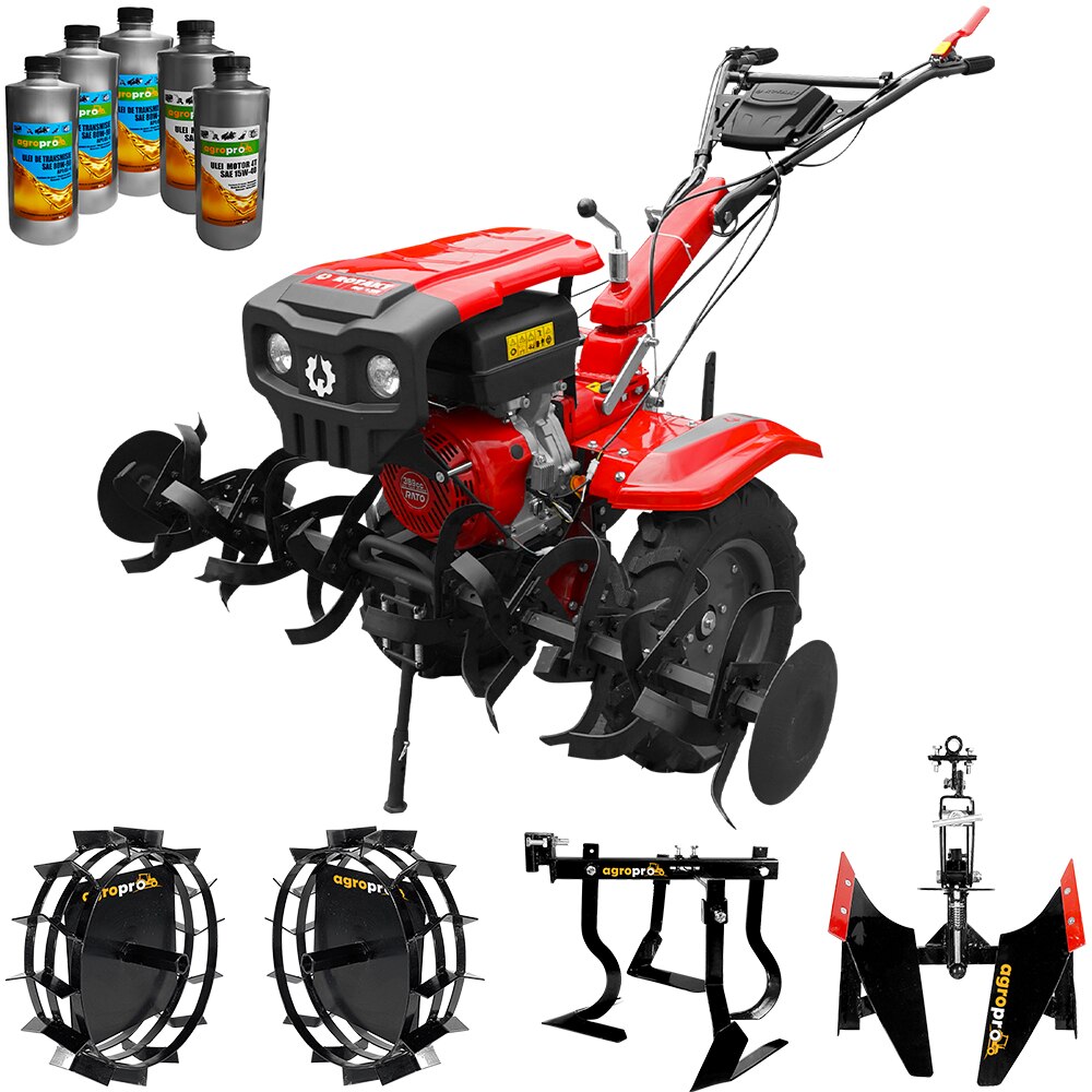 Pachet motocultor profesional, Rotakt, RO13R, 13 CP, latime lucru 560-1350 mm, roti cauciuc 500/12, roti metal, cultivator, plug reversibil, 5l ulei AgroPro