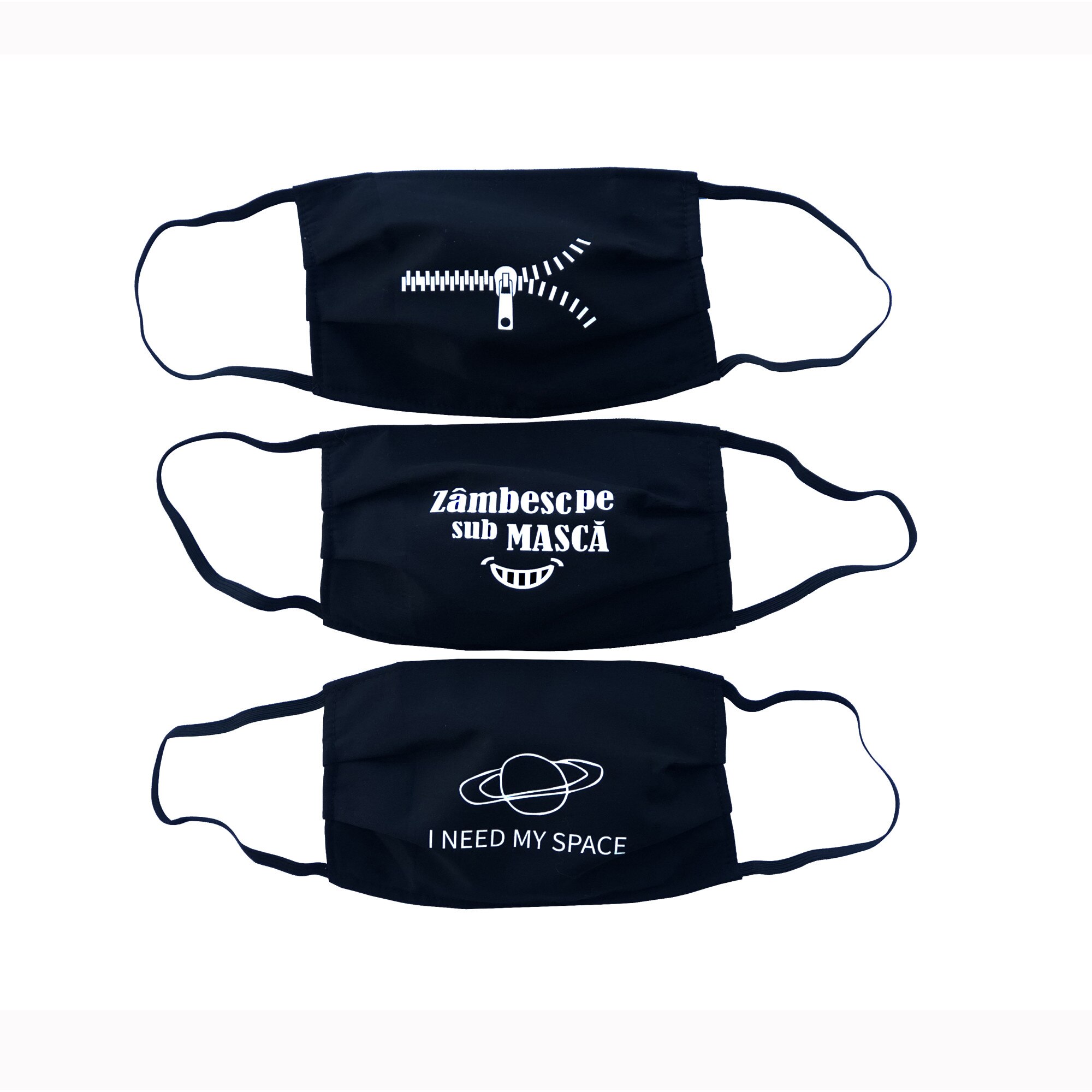 Set 6 masti personalizate reutilizabile, din material textil, cu imprimeuri, negre