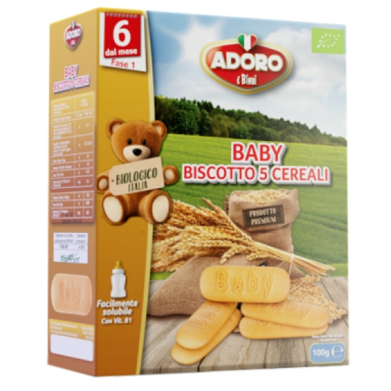 Biscuiti Bio Adoro Bimbi cu 5 cereale, de la 6 luni, 100g