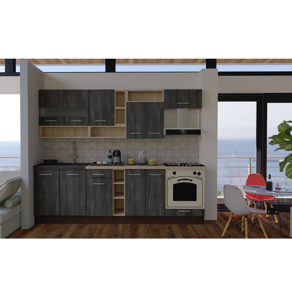 Set Bucatarie Genarom Cossy New 260 Wenge / Decor 8509, 260 x 200 - 230 x 60 cm